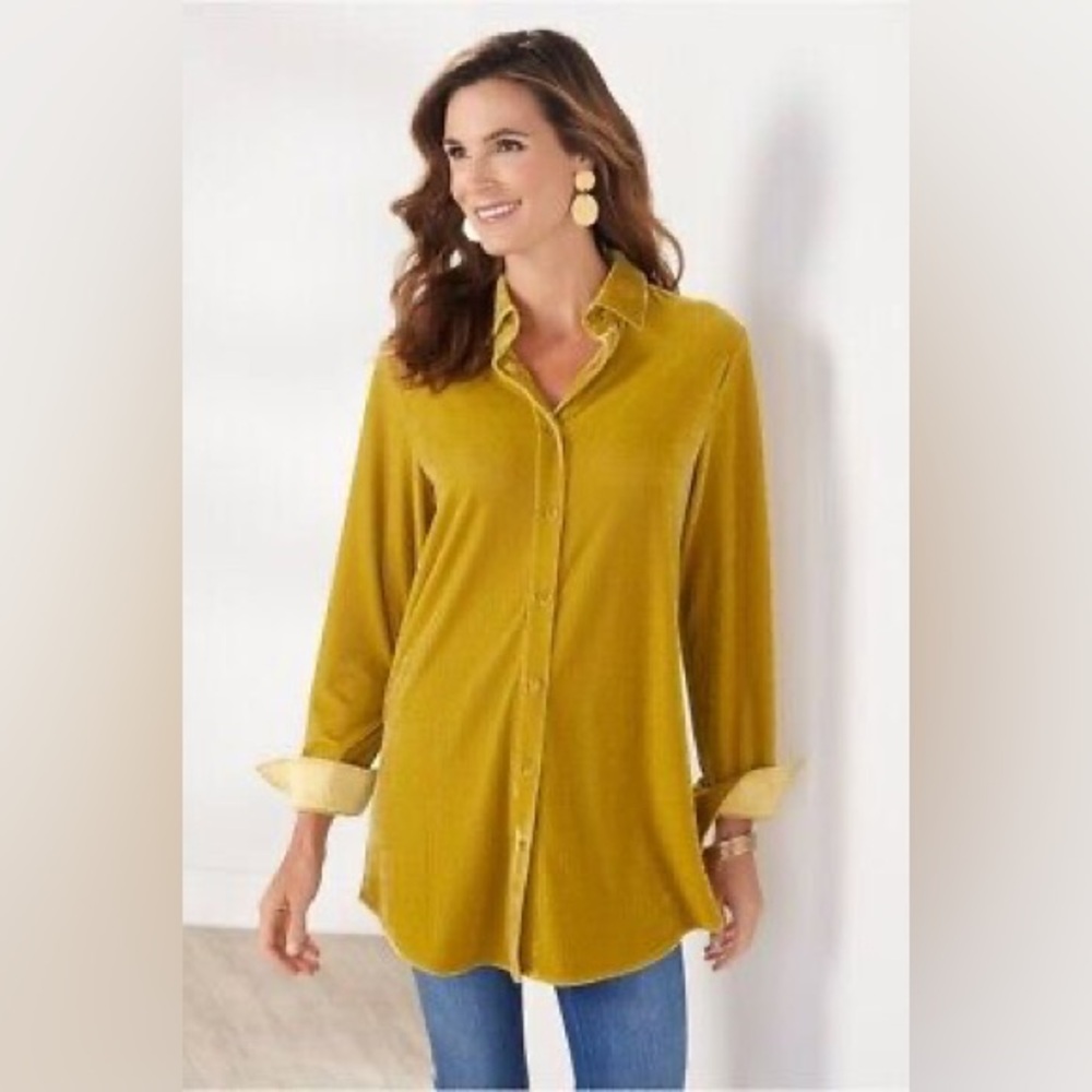 Soft Surroundings Velour Velvet Stretch Button Up Shirt Collar Gold Mustard 744